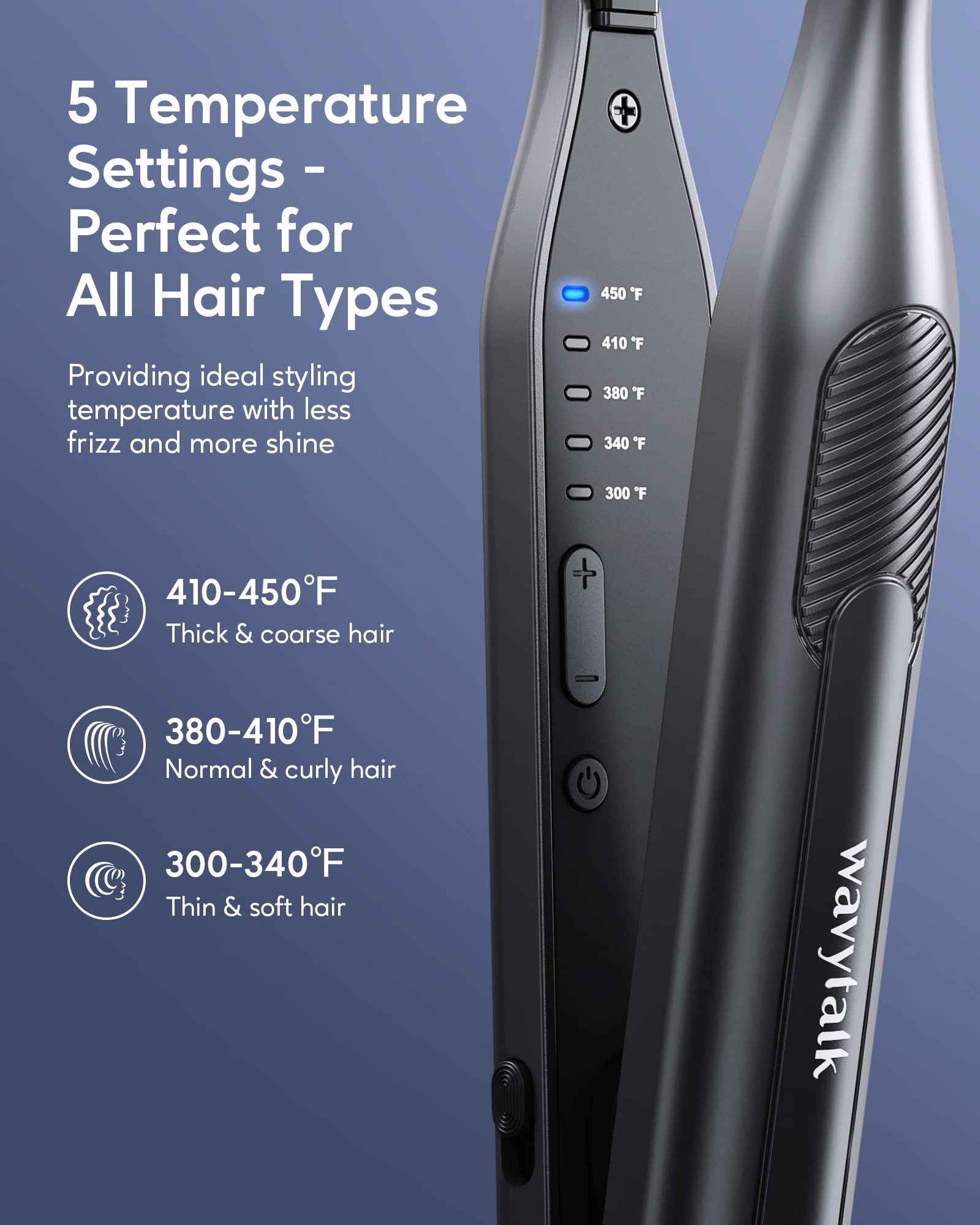 Wavytalk pencil flat iron with 3D floating plates reduces snag and adds shine.