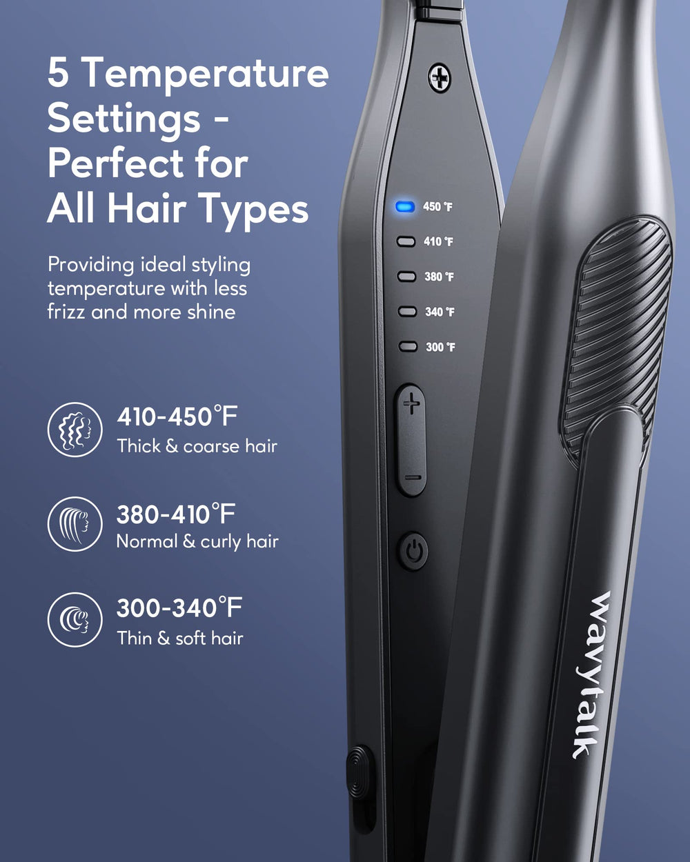 Wavytalk pencil flat iron with 3D floating plates reduces snag and adds shine.