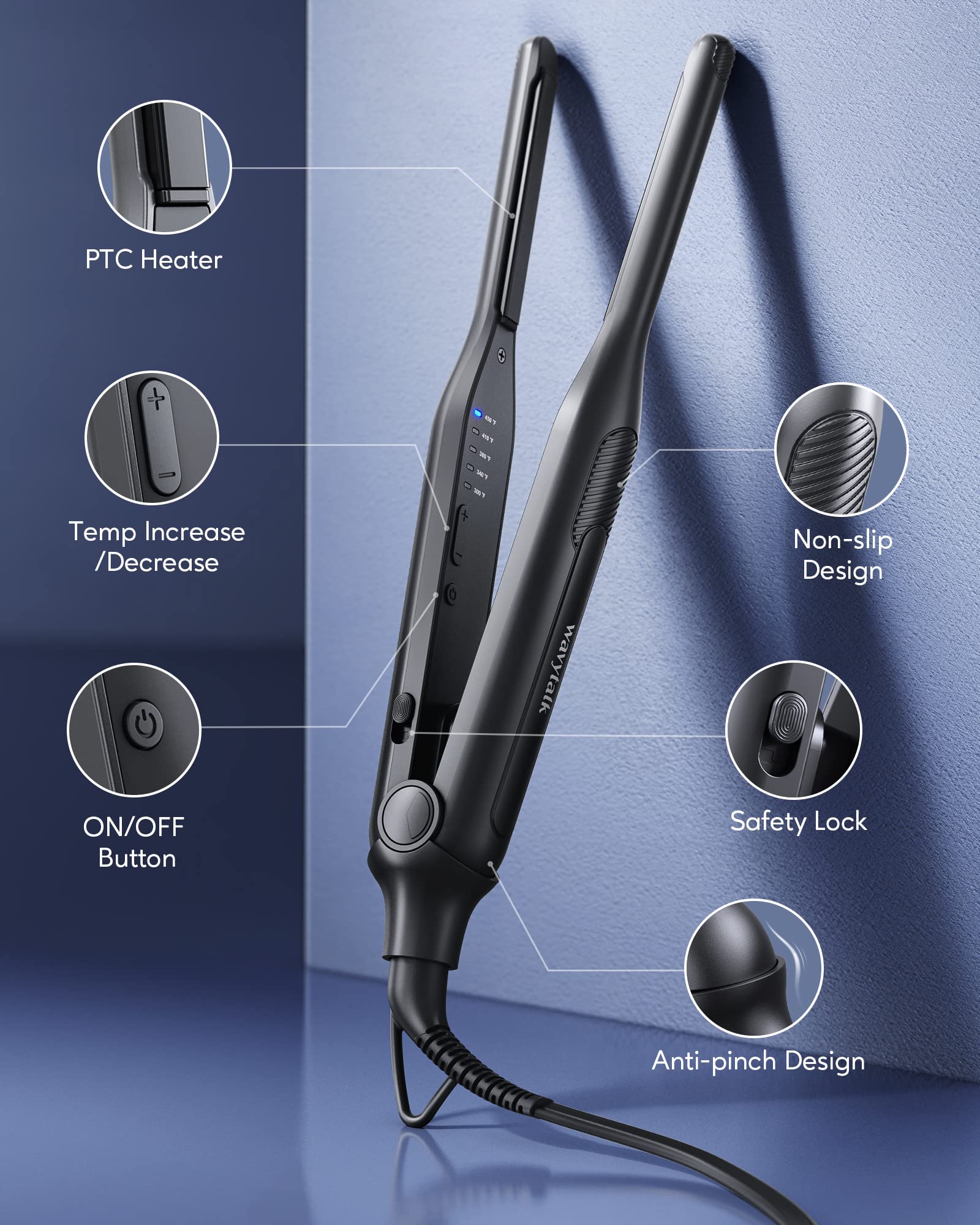 Wavytalk pencil flat iron helps shape bangs and short styles.