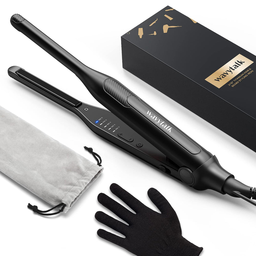 Wavytalk pencil flat iron shows closed plates for precise root styling.