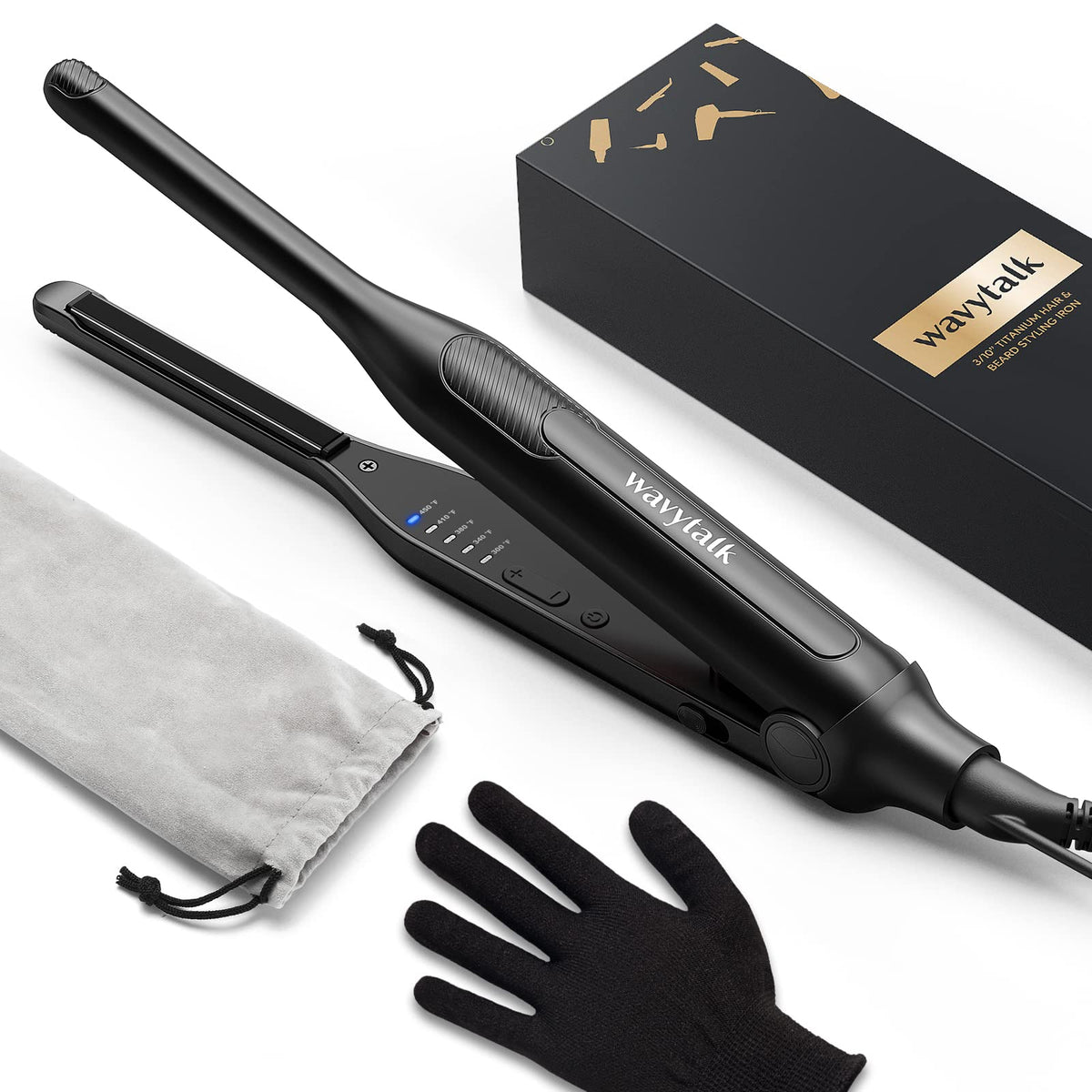 Wavytalk pencil flat iron shows closed plates for precise root styling.