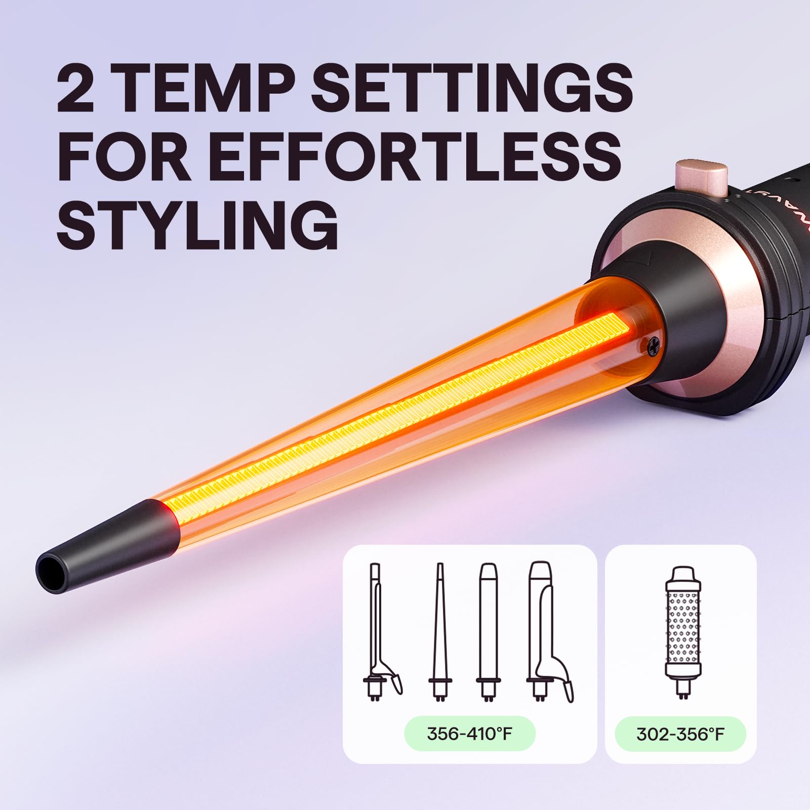 Wavytalk quick-barrel-change system with anti-scald tip and glove for safe styling.