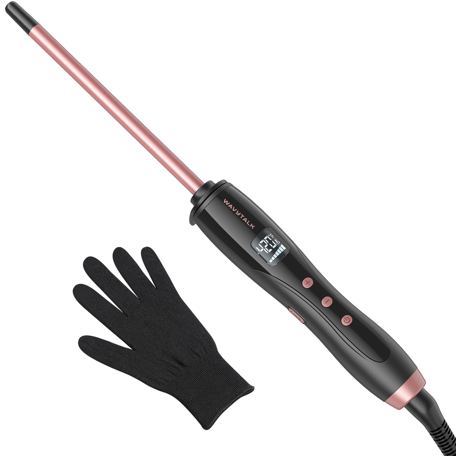 Wavytalk small curling iron rose pink front view for tight, glossy curls.