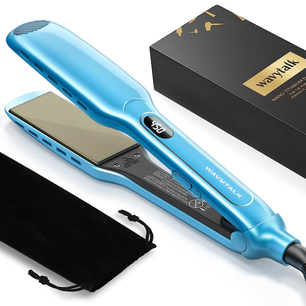 Wavytalk hair straightener blue full view for versatile wet-to-dry styling