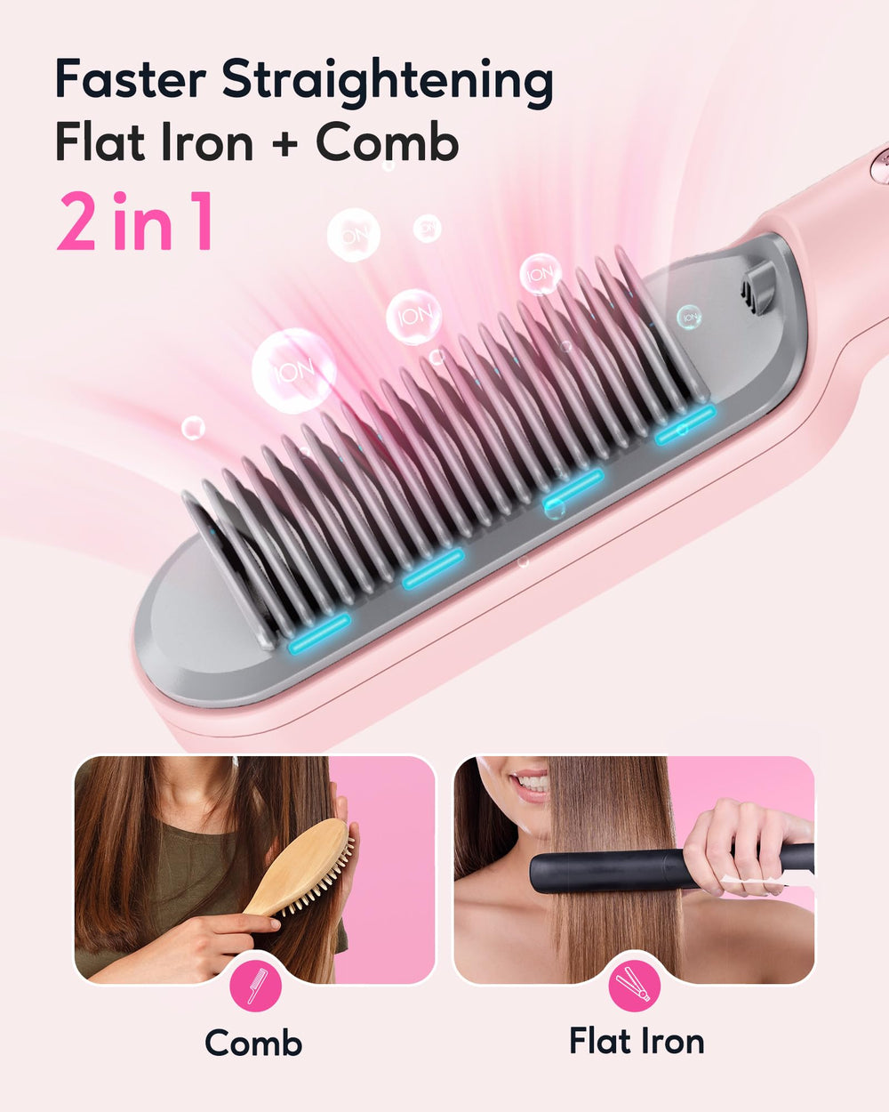 Wavytalk ionic straightening brush close-up shows six adjustable heat settings.