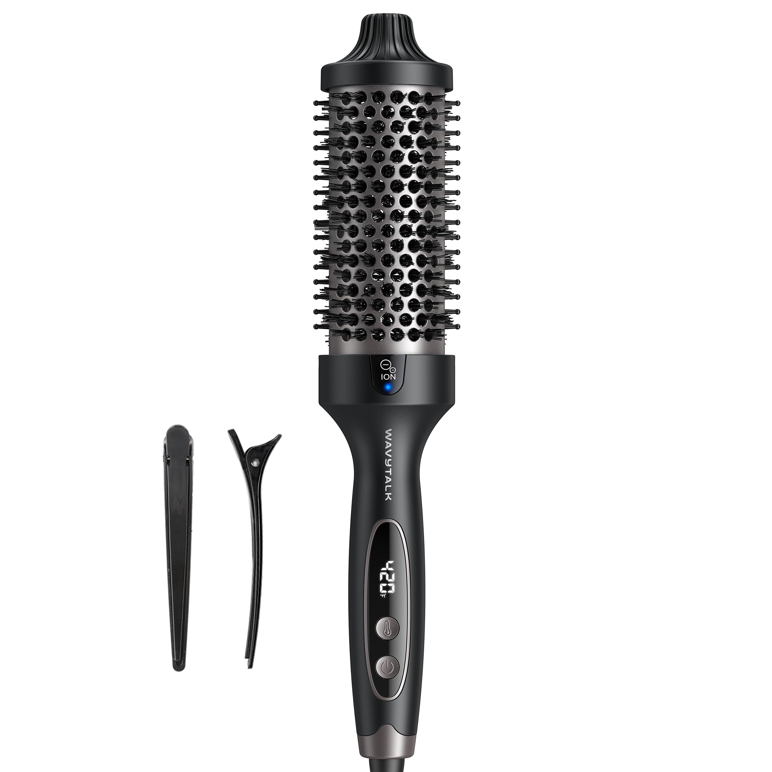 Wavytalk Thermal Brush Blowout Boost Grande front view showing dual-voltage design for travel styling.