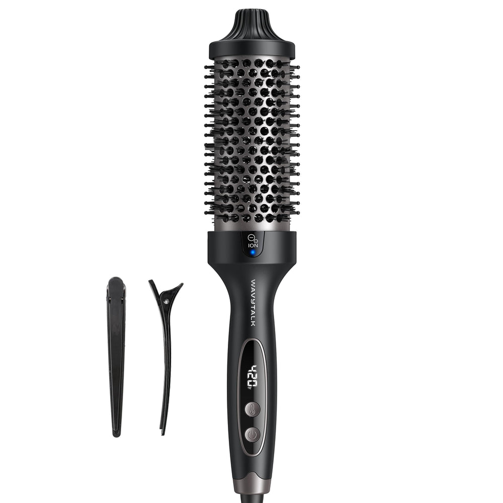 Wavytalk Thermal Brush Blowout Boost Grande front view showing dual-voltage design for travel styling.