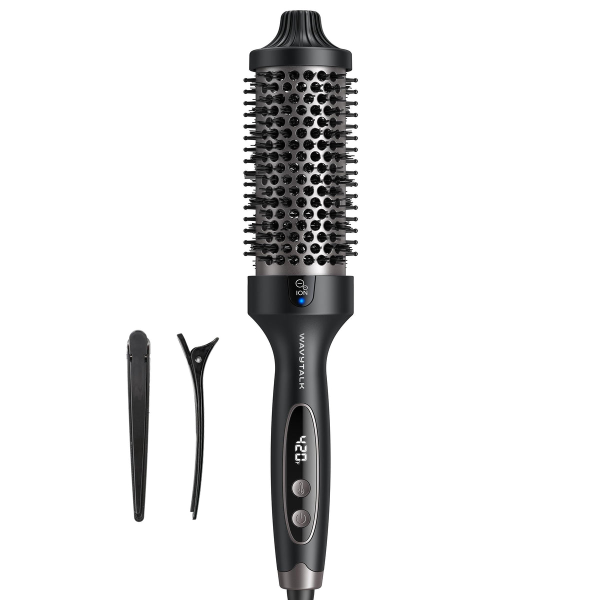 Wavytalk Thermal Brush Blowout Boost Grande front view showing dual-voltage design for travel styling.