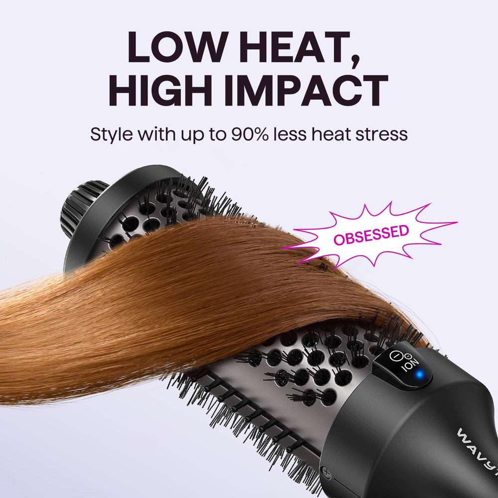 Wavytalk Thermal Brush Blowout Boost Grande tourmaline ceramic barrel for even heat and shine.