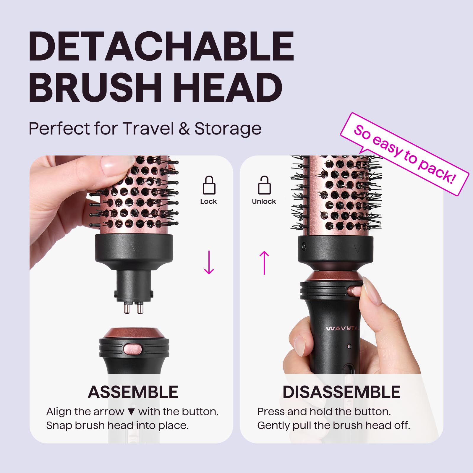 Wavytalk Thermal Brush heated bristles groom hair with extended grip for smooth results.