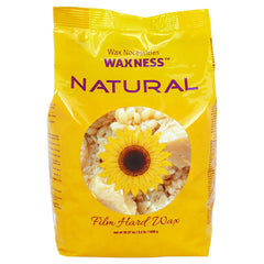 Wax Necessities hard wax beads natural bag closeup emphasizes convenient, mess-free home waxing prep.