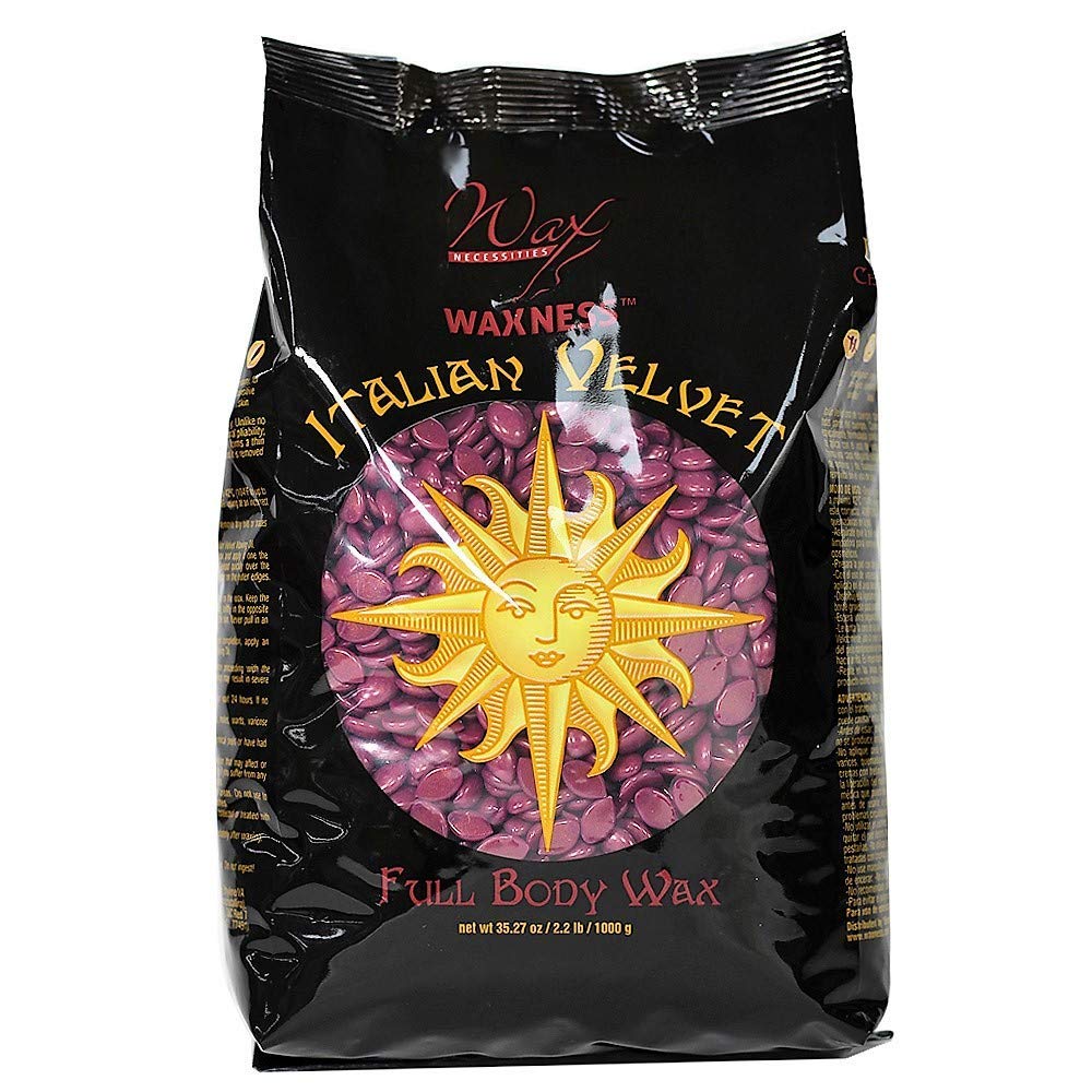 Wax Necessities Italian Velvet wax beads jar showcases premium polymer blend for smooth full-body waxing.