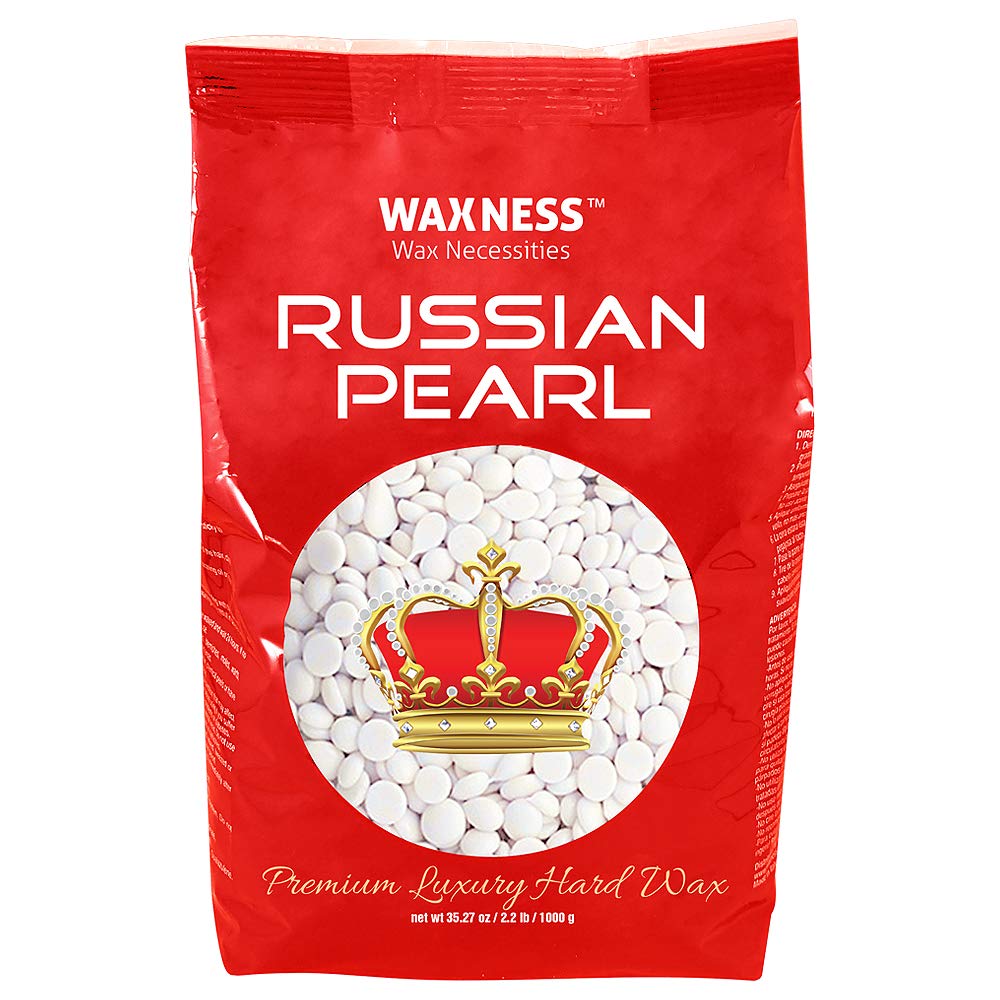Wax Necessities Russian Pearl beads packaging highlights premium hypoallergenic wax beads for sensitive skin.