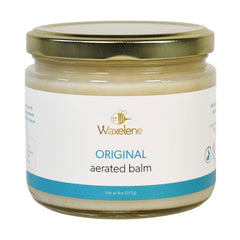 Waxelene Original Aerated Balm Large Jar label highlights organic formula for daily moisture