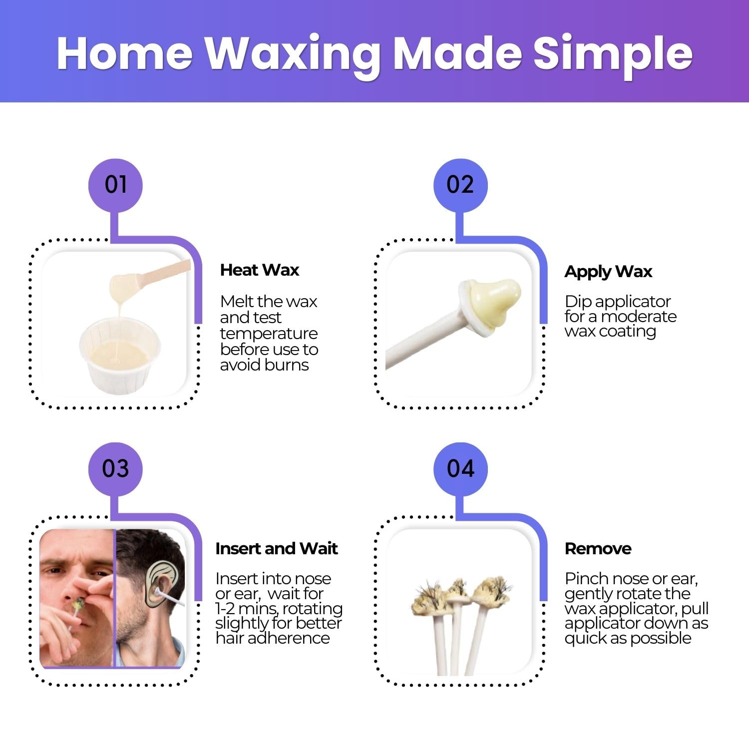 Waxfans nose-ear beginner guide image highlights user-friendly at-home waxing instructions.