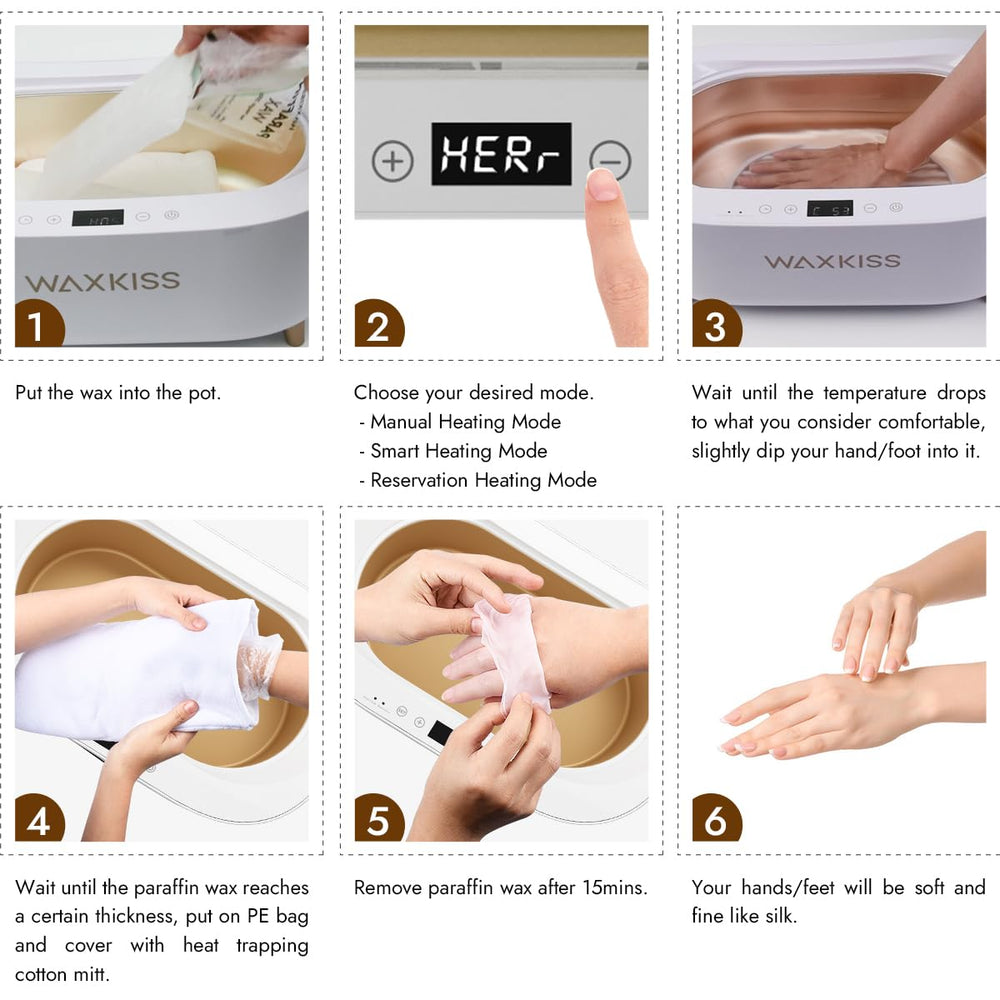 Waxkiss kit includes reusable mitts and accessories to streamline paraffin sessions.