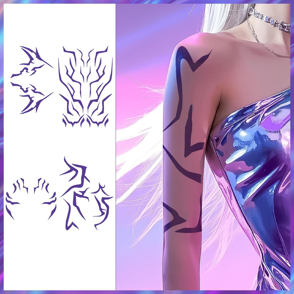 Waxkure anime purple tattoos on arm, adds fantasy cosplay aesthetic