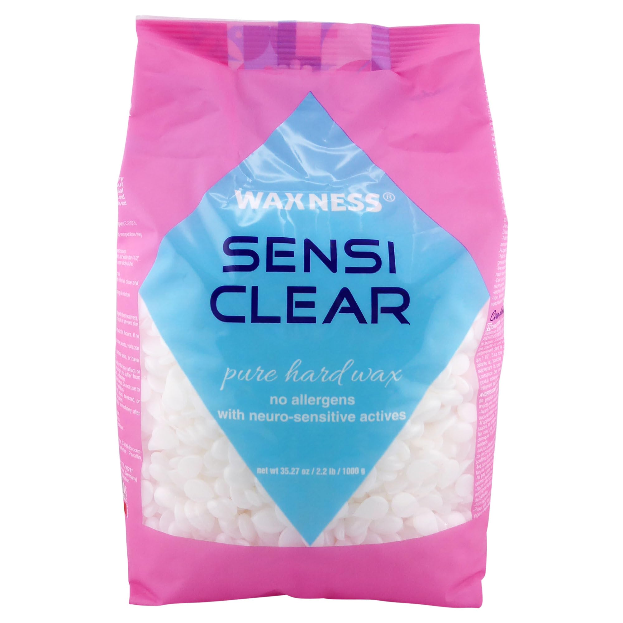 Waxness Sensi Clear granules showing transparent rosin-free formula for gentle depilation