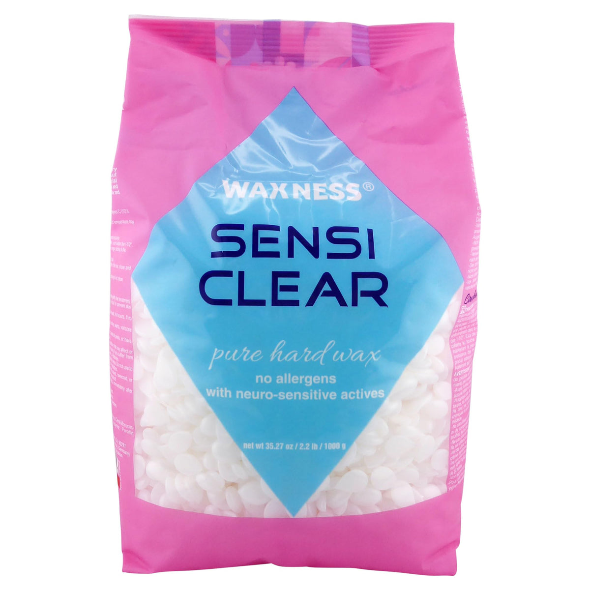 Waxness Sensi Clear granules showing transparent rosin-free formula for gentle depilation