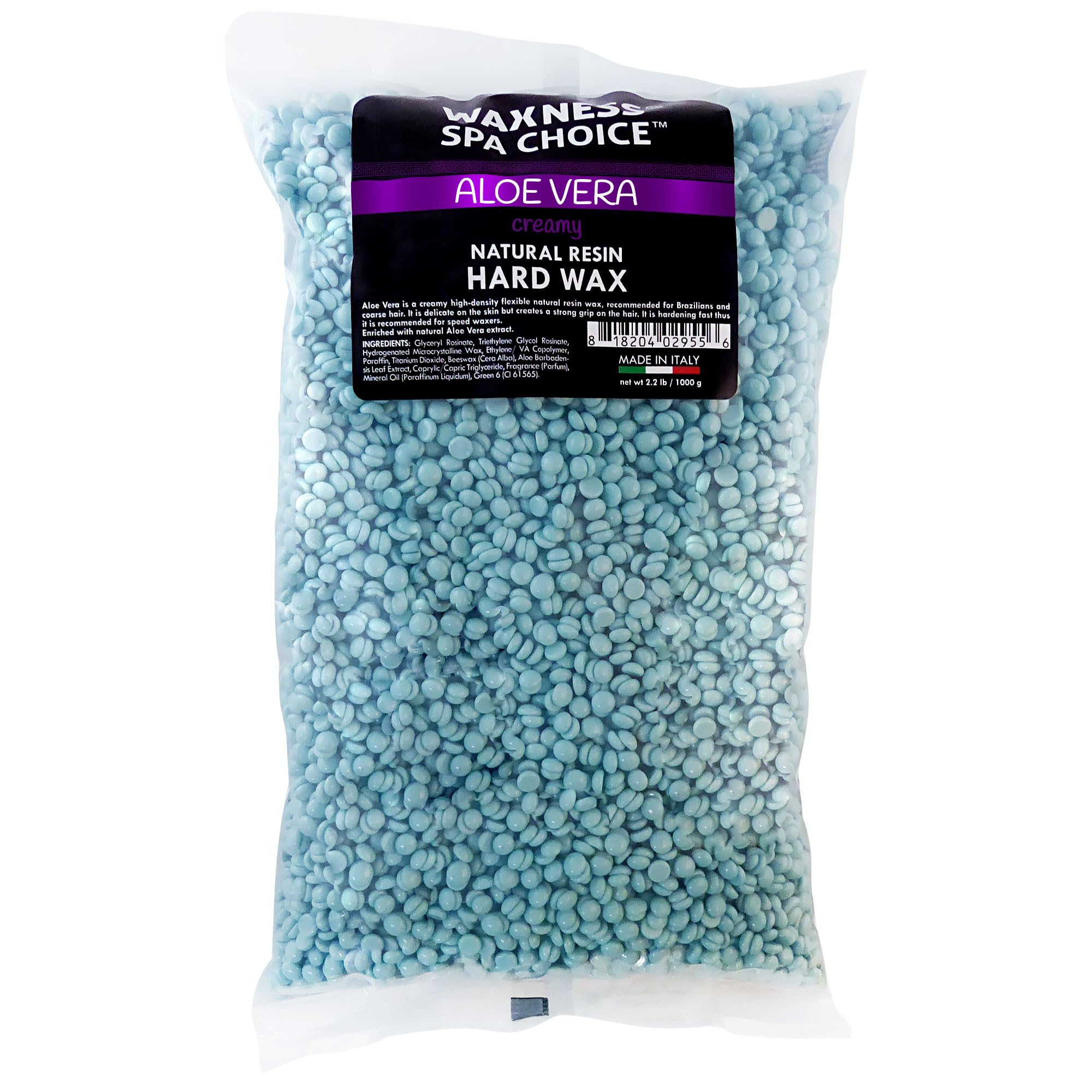 Waxness Spa Choice Aloe Vera Hard Wax Beads closeup demonstrates a creamy formula for gentler hair removal.
