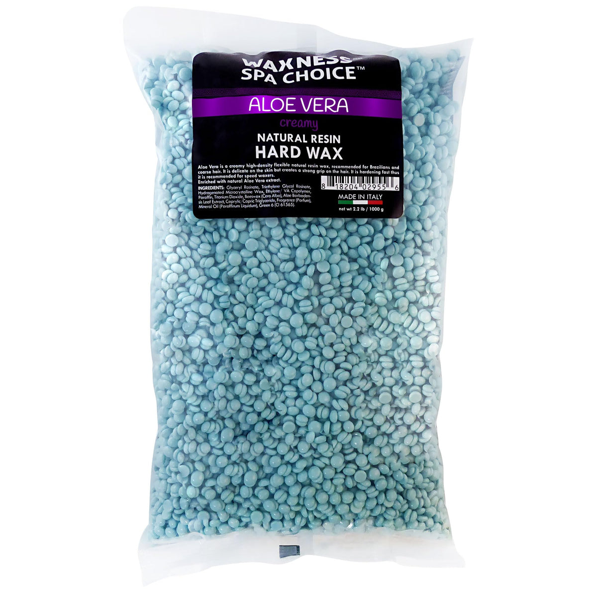 Waxness Spa Choice Aloe Vera Hard Wax Beads closeup demonstrates a creamy formula for gentler hair removal.