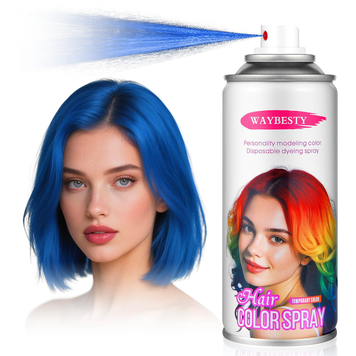 Waybesty temporary hair color spray blue bottle delivers bold color for parties.