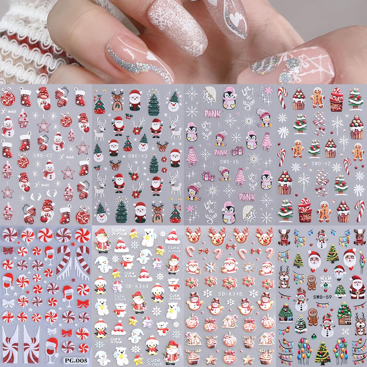 WBRRFJJ Christmas 5D 8-sheet set—comprehensive holiday nail art collection.