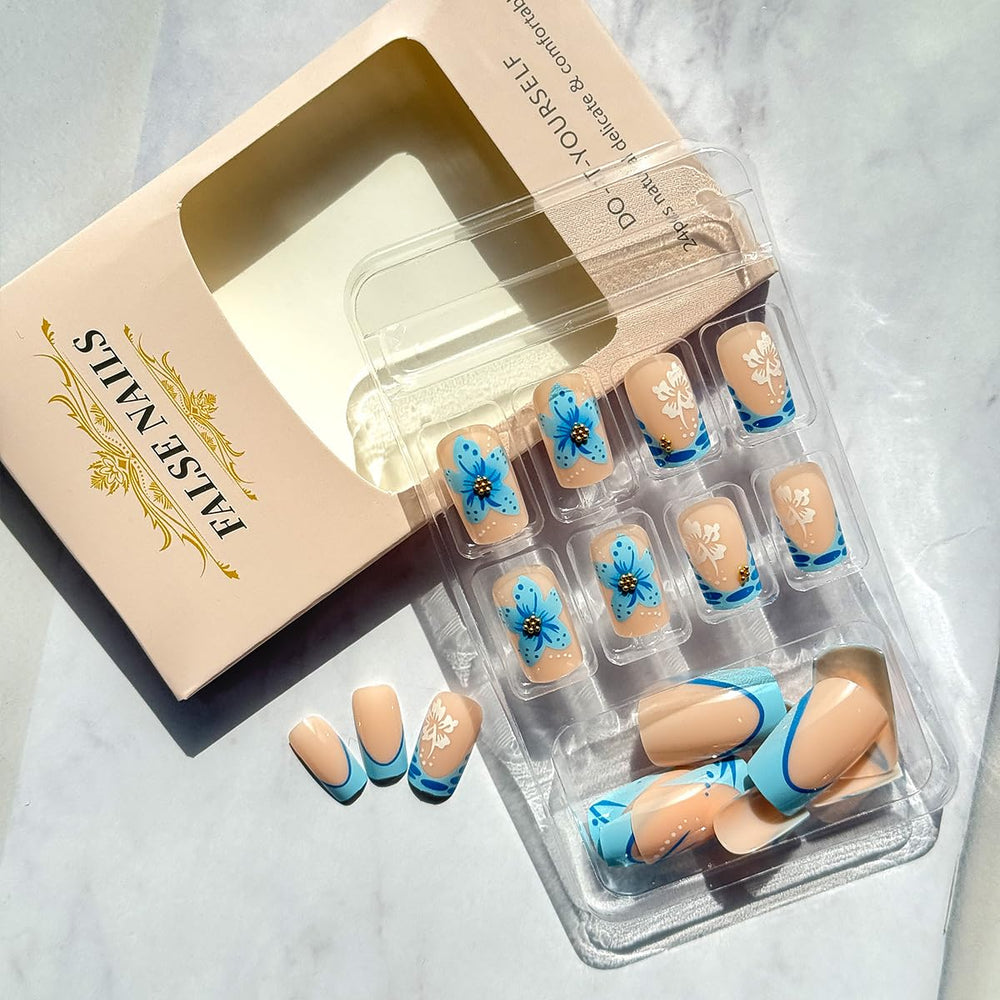 WBRRFJJ short square French-tip nails with gold rhinestones add subtle glamour for occasions.