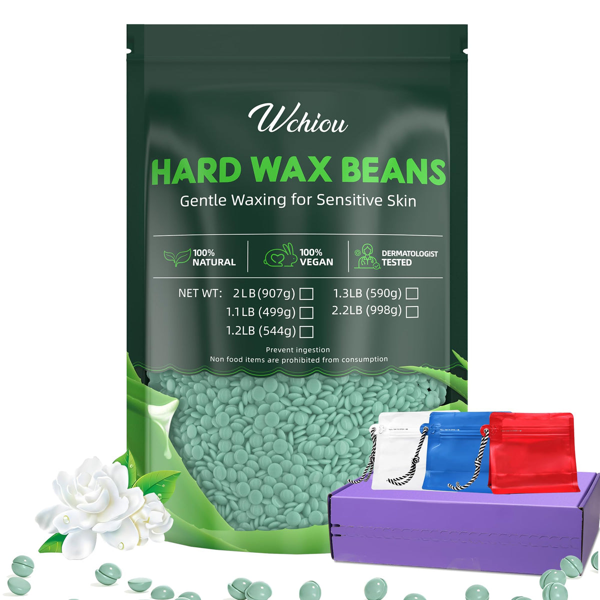 Wchiou wax beads packaging highlights aloe vera formula for gentle, sensitive-skin waxing