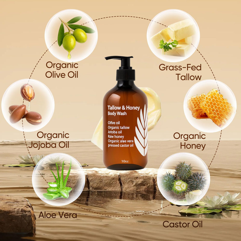 WDVNEX Tallow and Honey Body Wash oil and butter visualization emphasize moisturization.