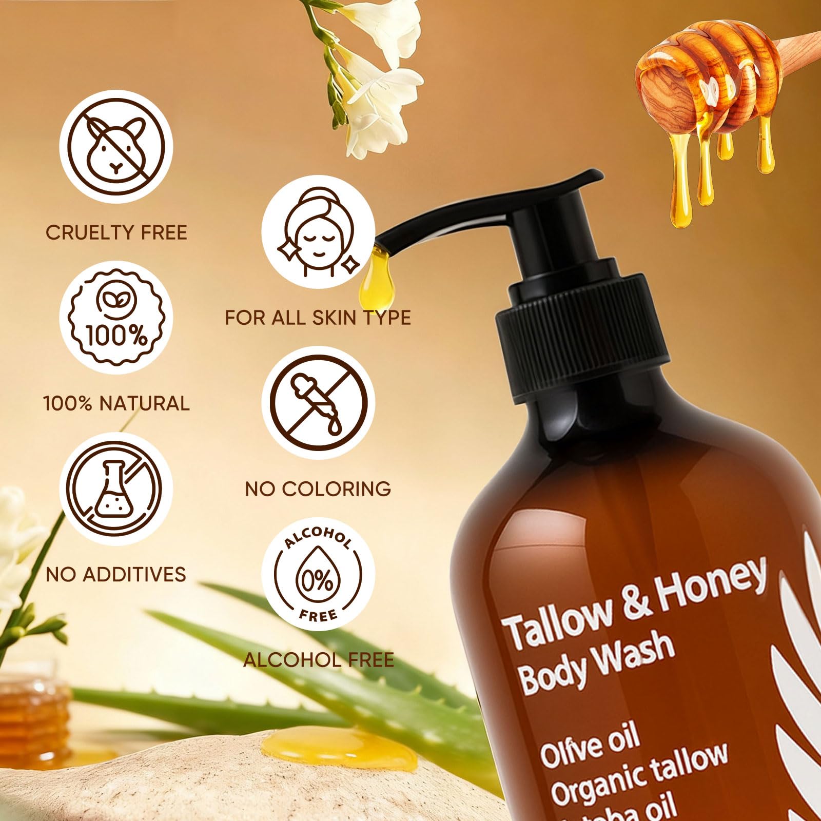 WDVNEX Tallow and Honey Body Wash packaging visuals emphasize a clean, natural formulation.