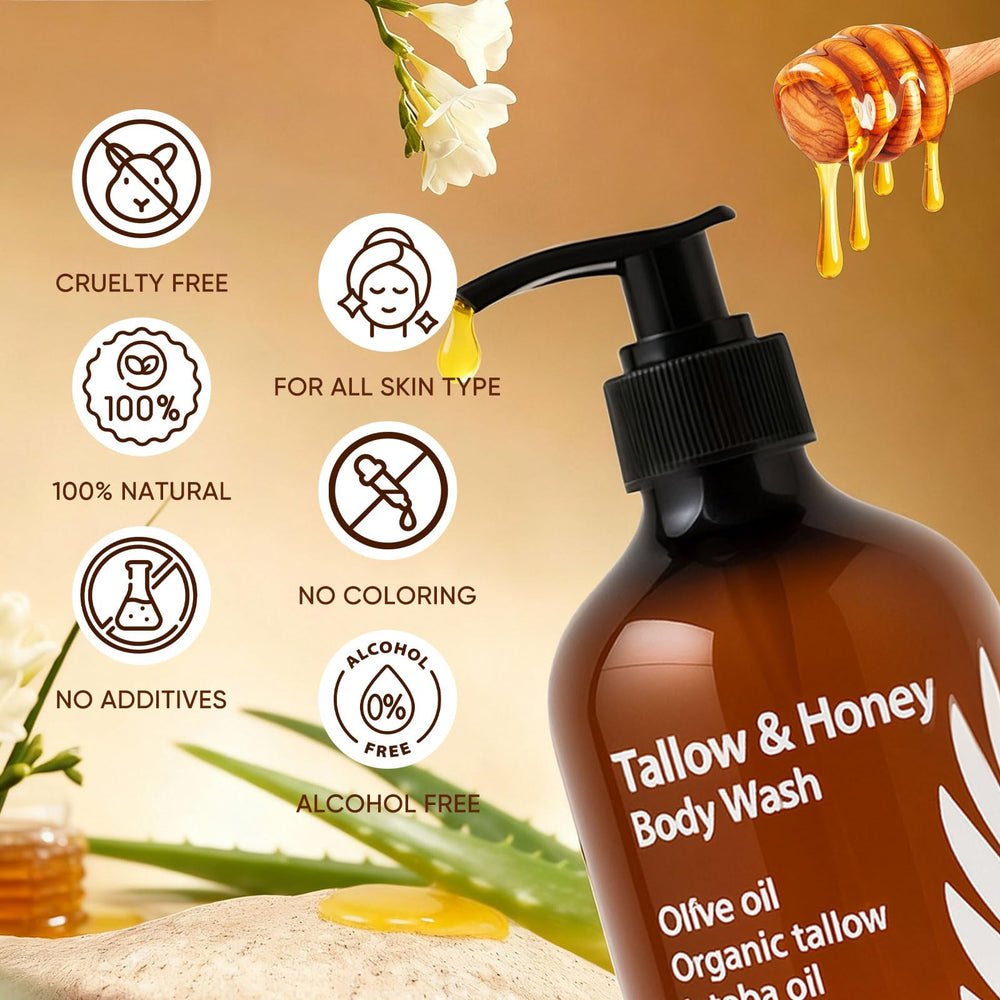 WDVNEX Tallow and Honey Body Wash packaging visuals emphasize a clean, natural formulation.