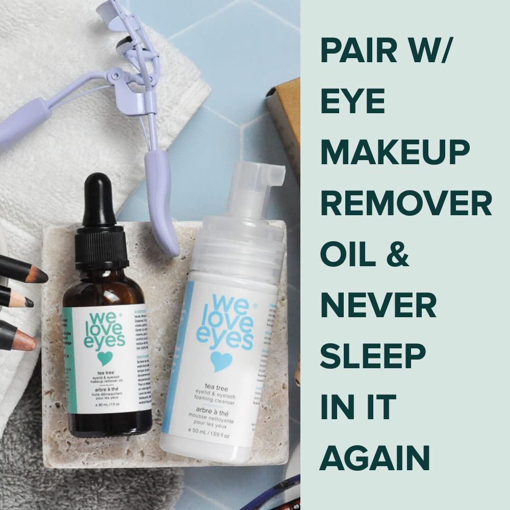 We Love Eyes tea tree eyelid cleanser packaging front shows cruelty-free, vegan messaging