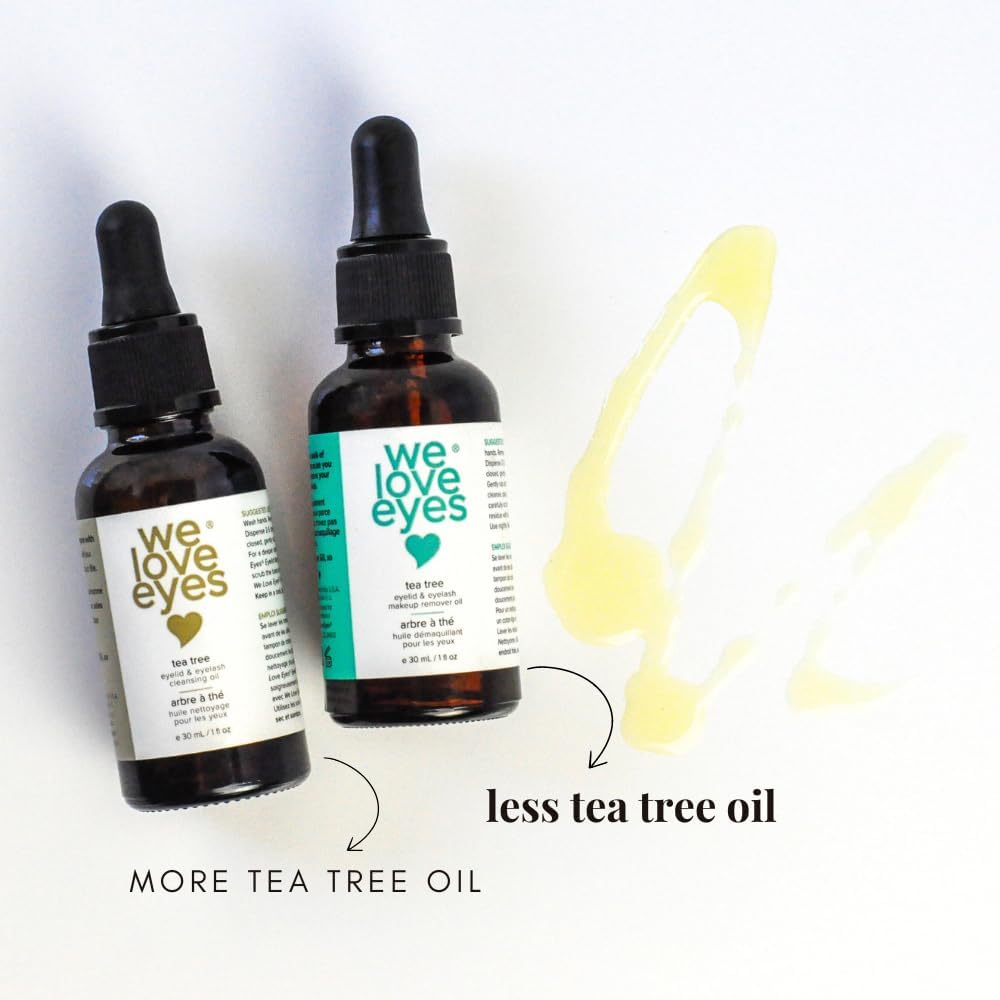 We Love Eyes tea tree eyelid cleansing oil bottle with calming aroma for nightly routine.
