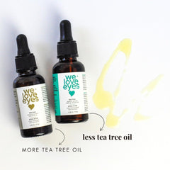 We Love Eyes tea tree eyelid cleansing oil bottle with calming aroma for nightly routine.