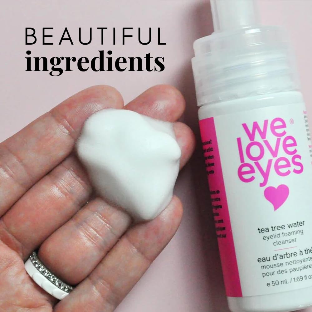 We Love Eyes Tea Tree Water eyelid foaming cleanser packaging highlights vegan cruelty-free labeling
