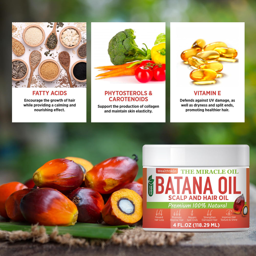Wealthskin Batana Oil ingredients feature fatty acids for growth support.