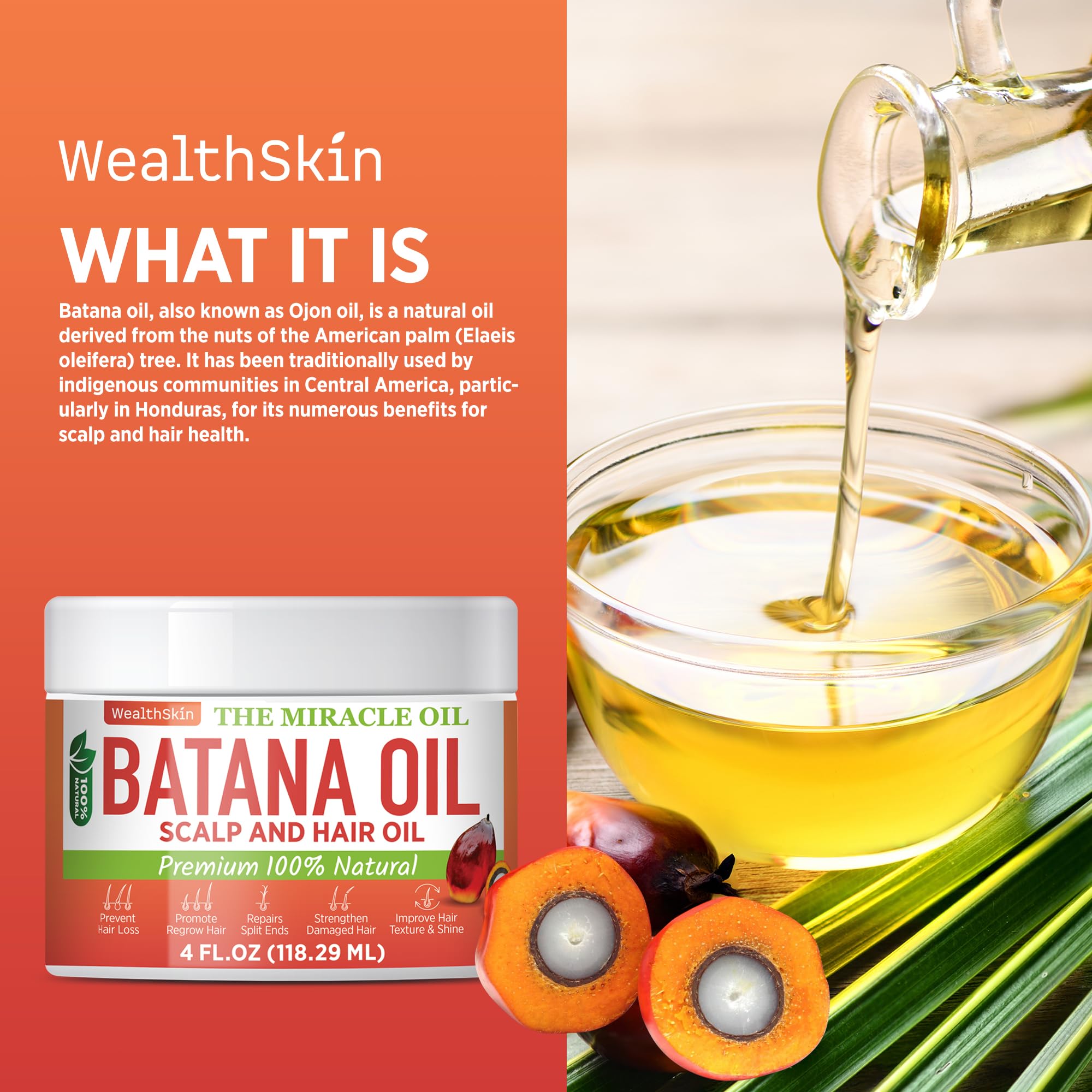 Wealthskin Batana Oil phytosterols carotenoids emphasize collagen and hydration.