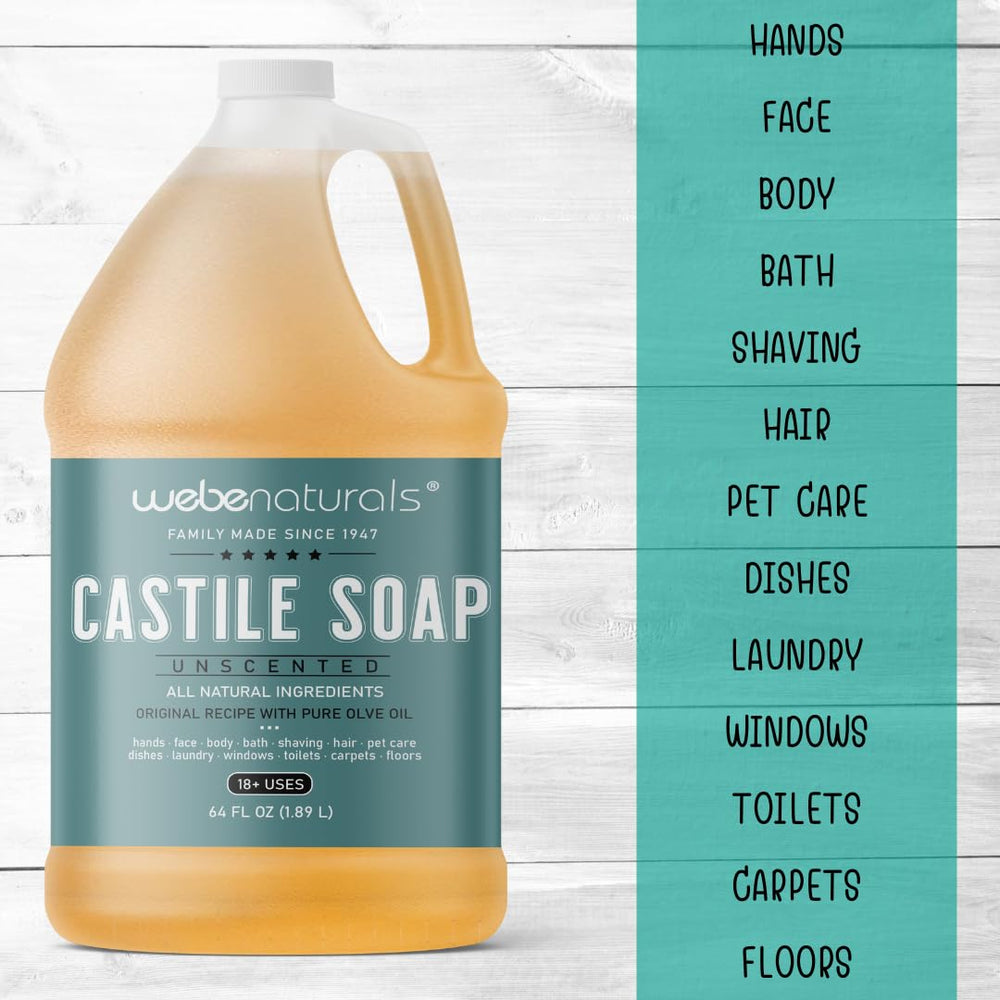 WEBE castile soap bottle with rich lather for gentle facial cleansing