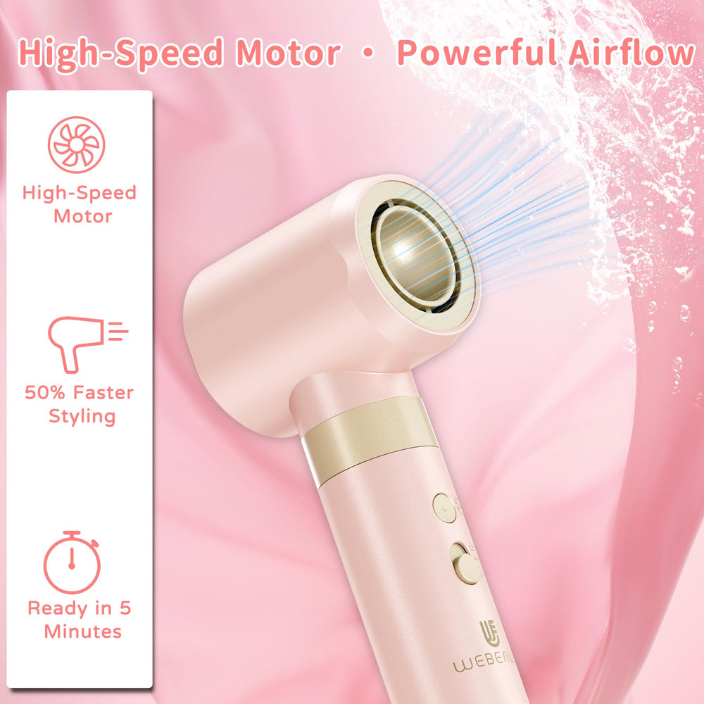 WeBeauty Hair Dryer Brush showing 3 heat settings in pink for tailored styling.