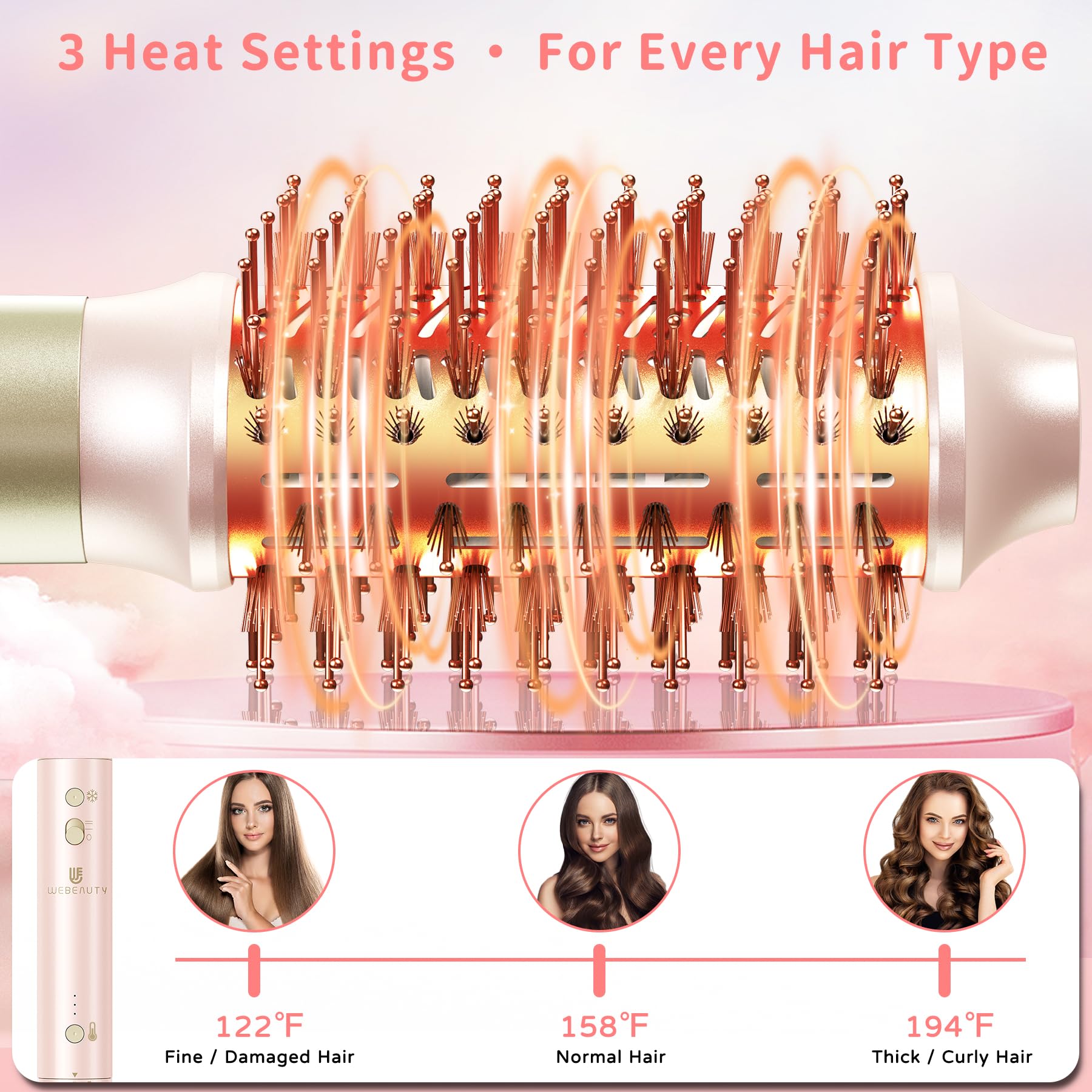 WeBeauty Hair Dryer Brush attachments straightener and curler in pink for 8-in-1 versatility.