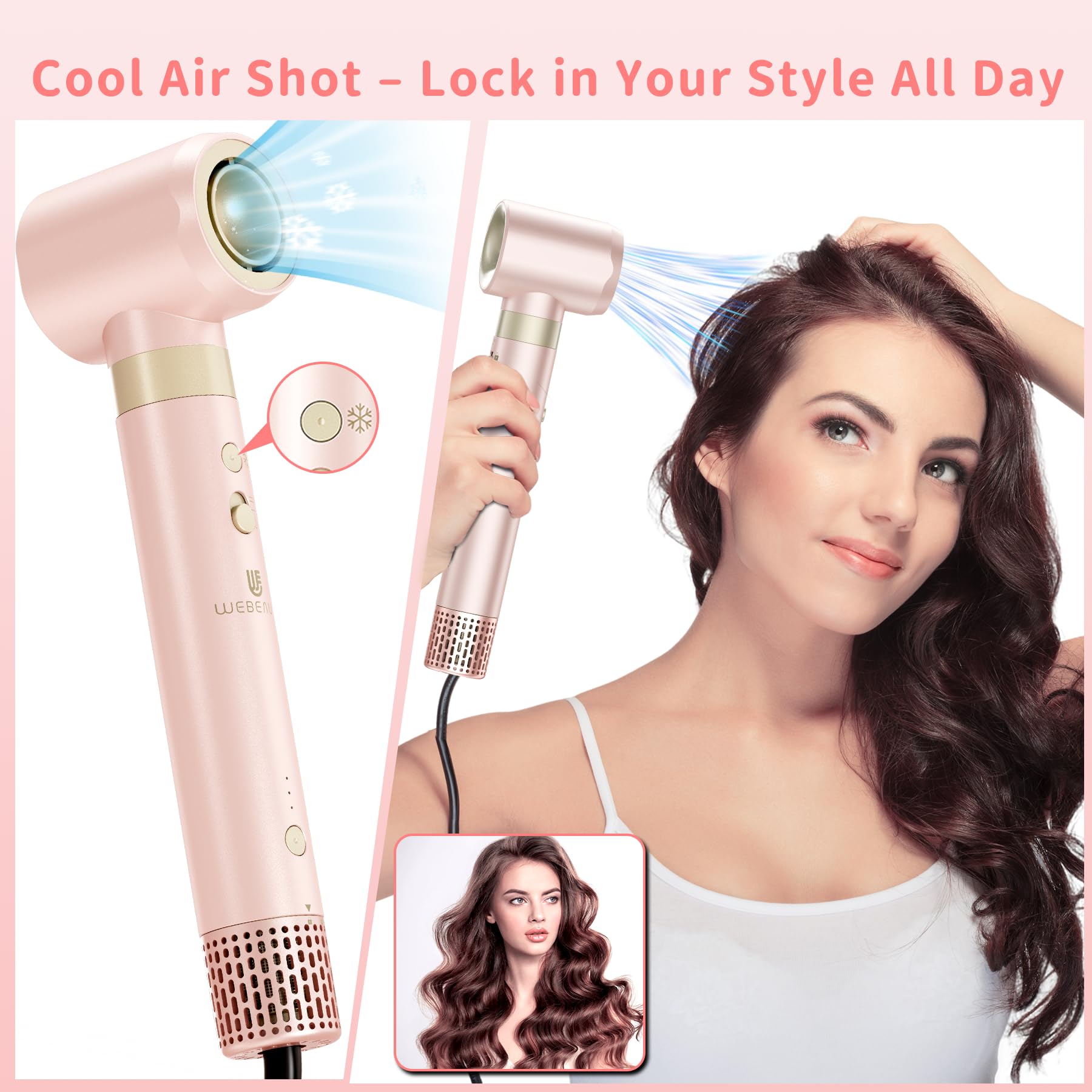 WeBeauty Hair Dryer Brush dual voltage label in pink enables worldwide use.