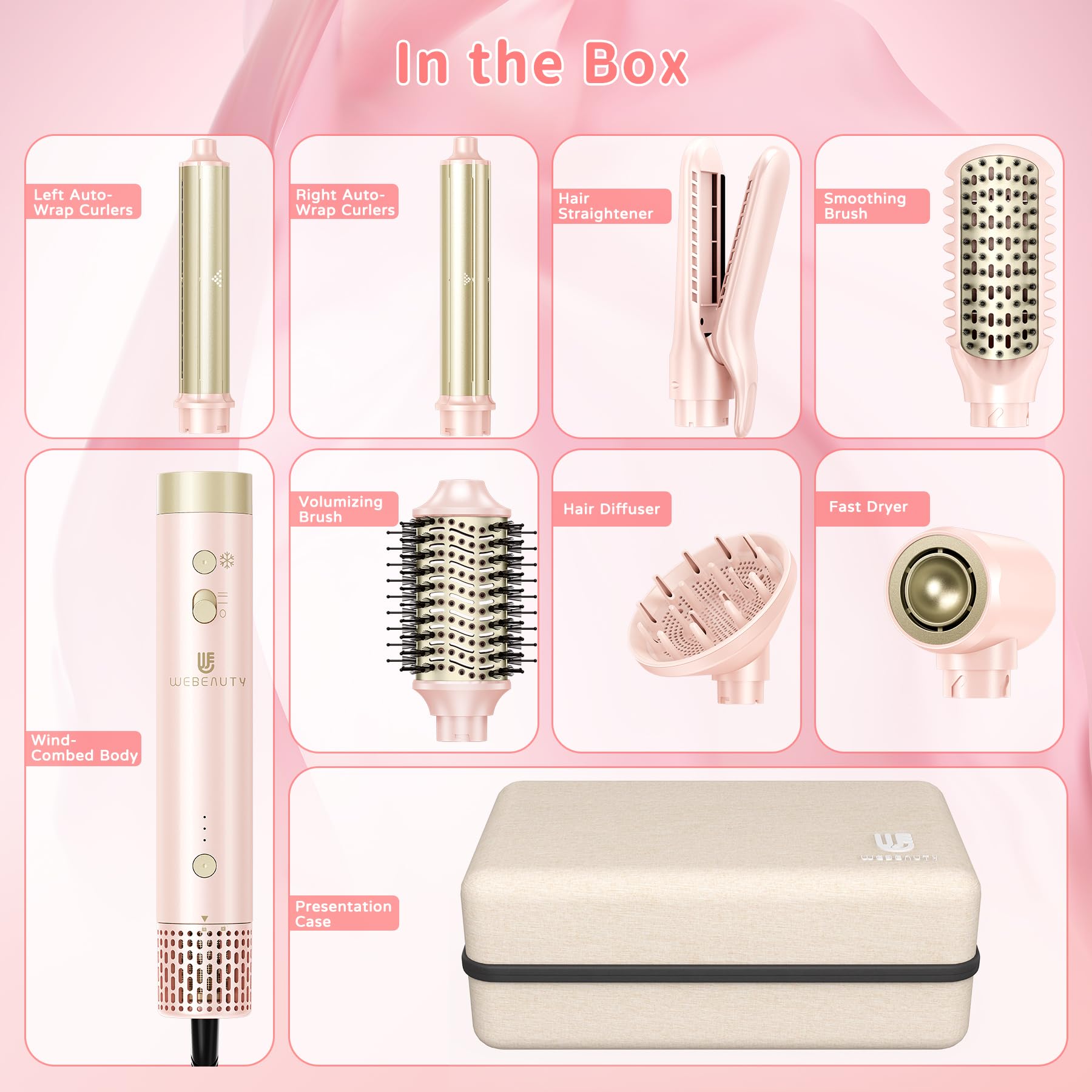 WeBeauty Hair Dryer Brush pink finish with protective hard case for secure storage.