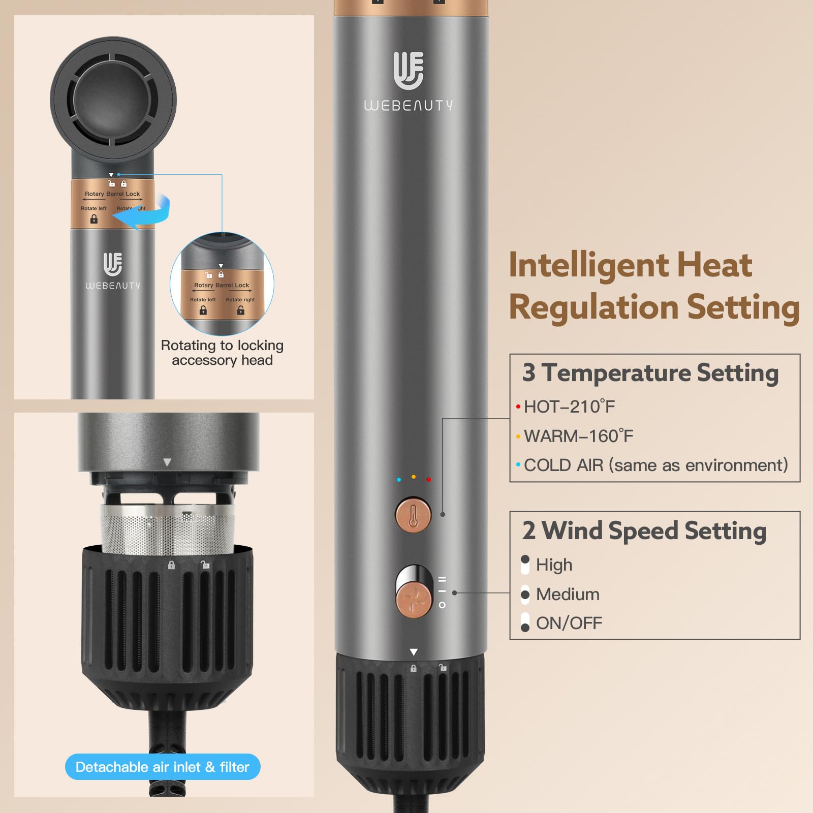 Webeauty ionic care with no-heat-damage mode for frizz reduction.