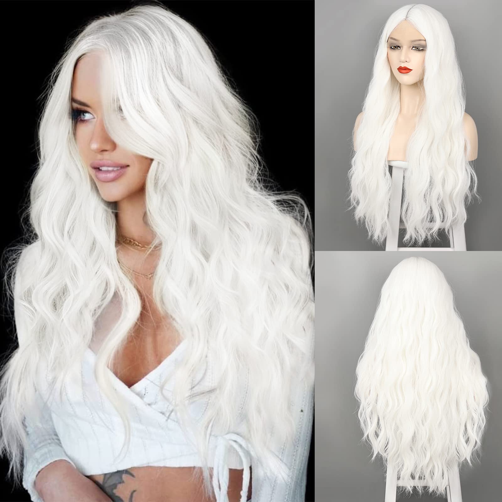 WECAN long white wig with lace-front for natural-looking hairline and versatile styling.
