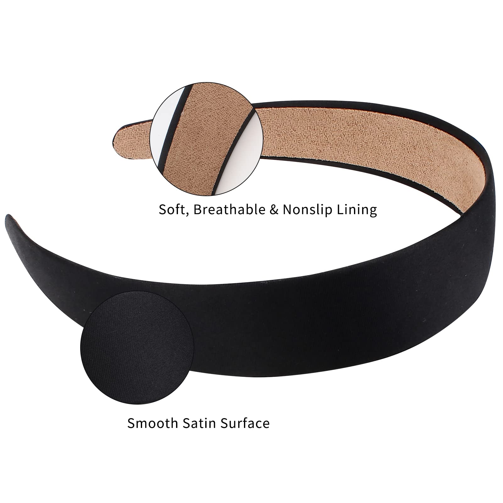 Wecoe black satin wide headband, 5.1x1.3 inches, comfortable for women and girls