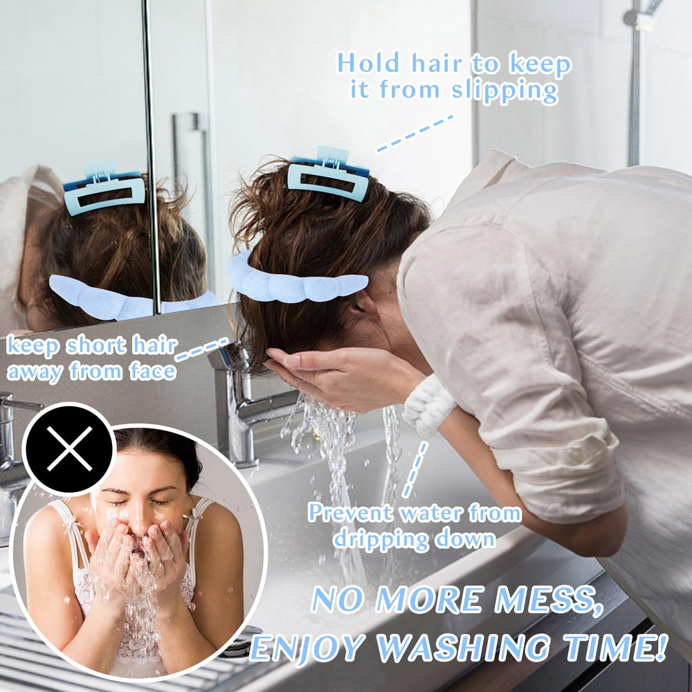 Wecoe blue hair claw clip secures thick hair during routines.