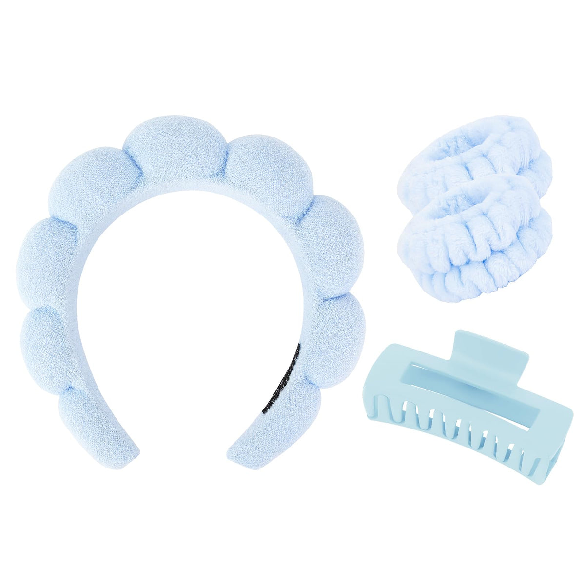 Wecoe spa headband in blue keeps hair away from the face for easy skincare.