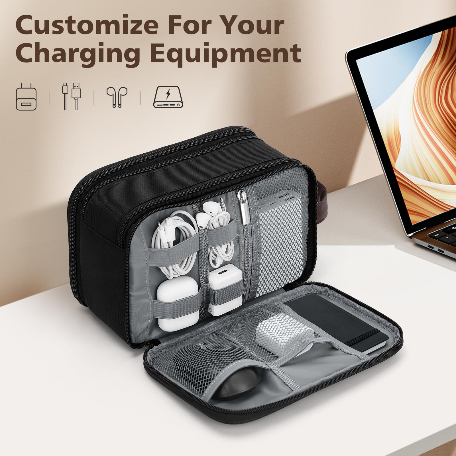 Wedama bag's electronic organizer compartment keeps cables tidy