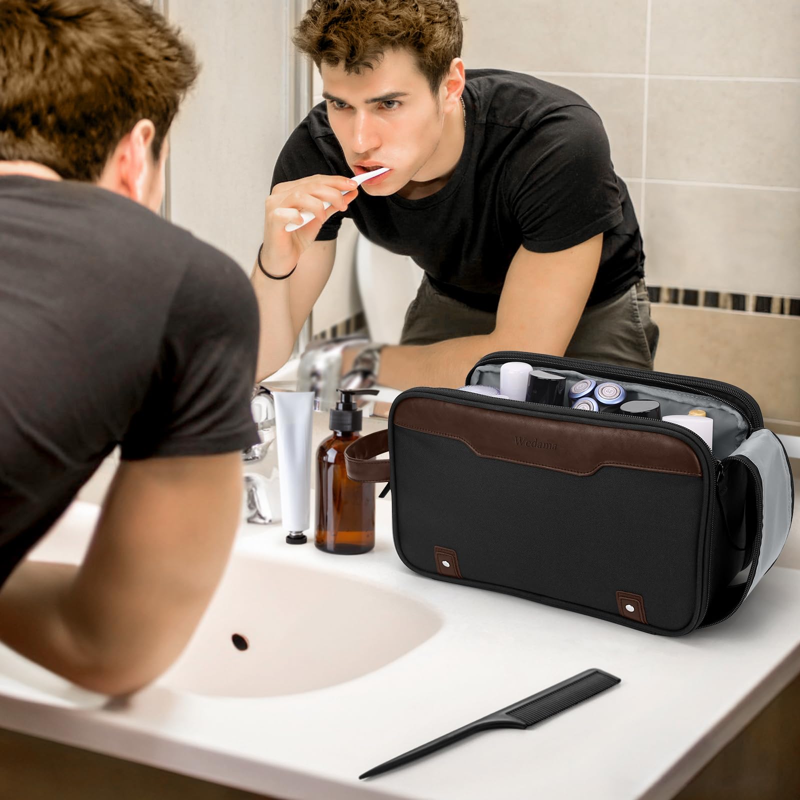 Wedama Toiletry Bag inner-elastic-straps secures bottles upright and organized